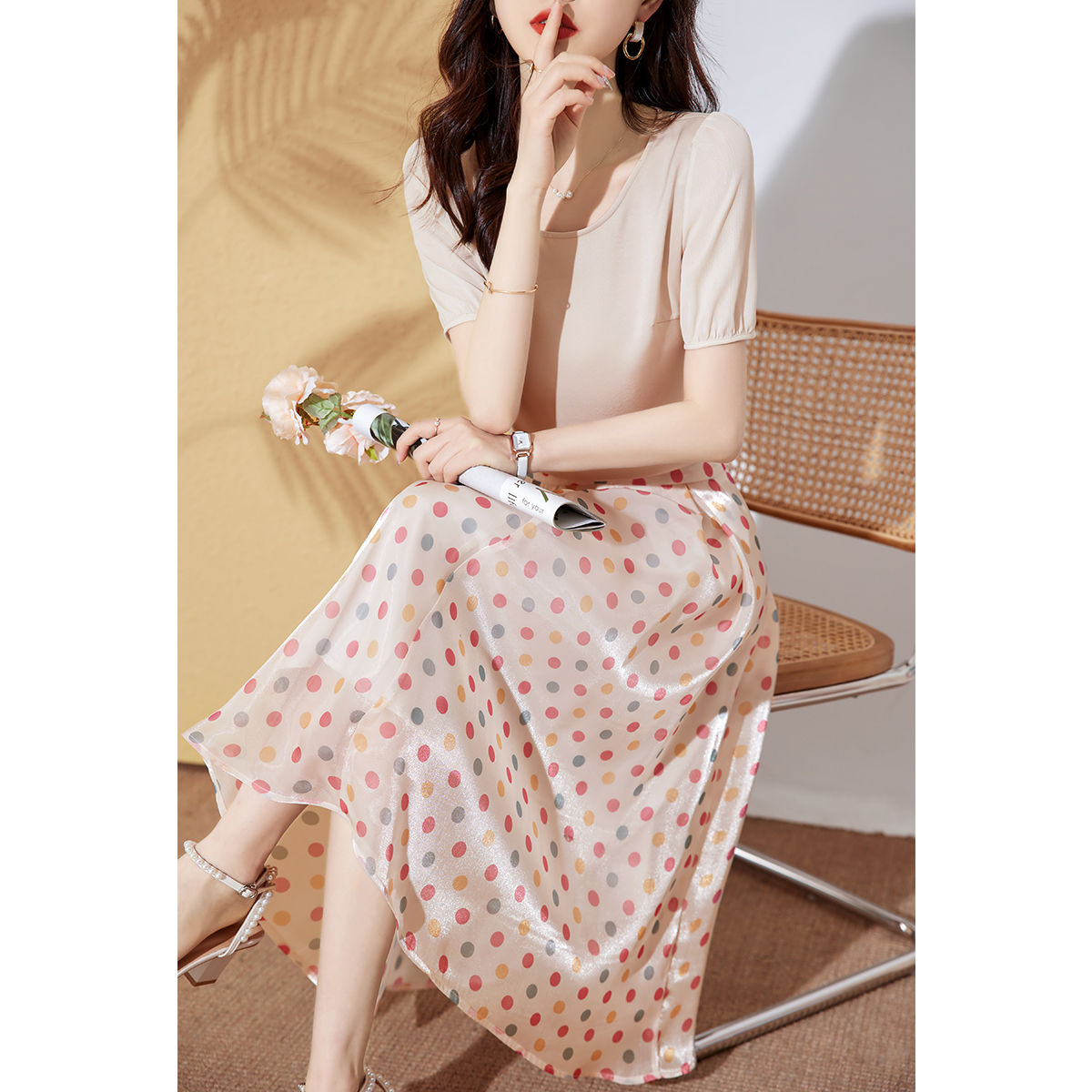 2026 Summer New Fashion Elegant Polka Dot Top and Skirt Two-Piece Set for Women - Image 3