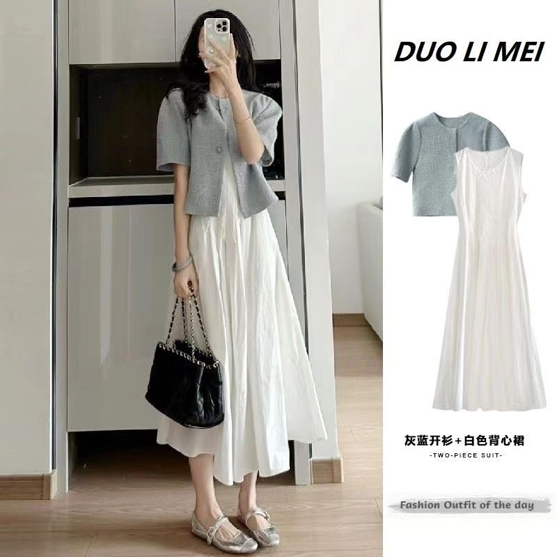 Women's Blue Blazer and White Skirt Two-Piece Set Summer Outfit
