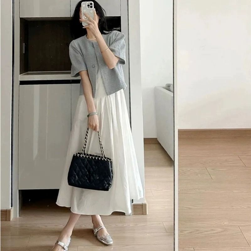 Women's Blue Blazer and White Skirt Two-Piece Set Summer Outfit - Image 4
