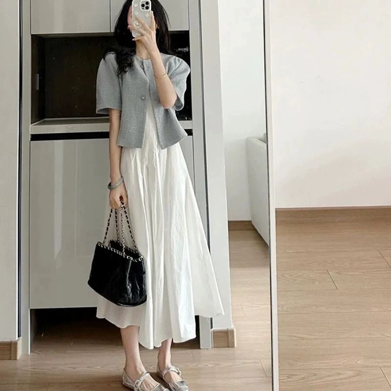 Women's Blue Blazer and White Skirt Two-Piece Set Summer Outfit - Image 2