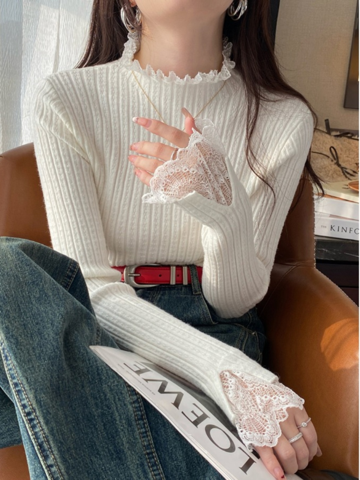 Women's Lace Knit Base Layer Top 2026 New Spring Autumn Winter White Half Turtleneck Sweater - Image 4