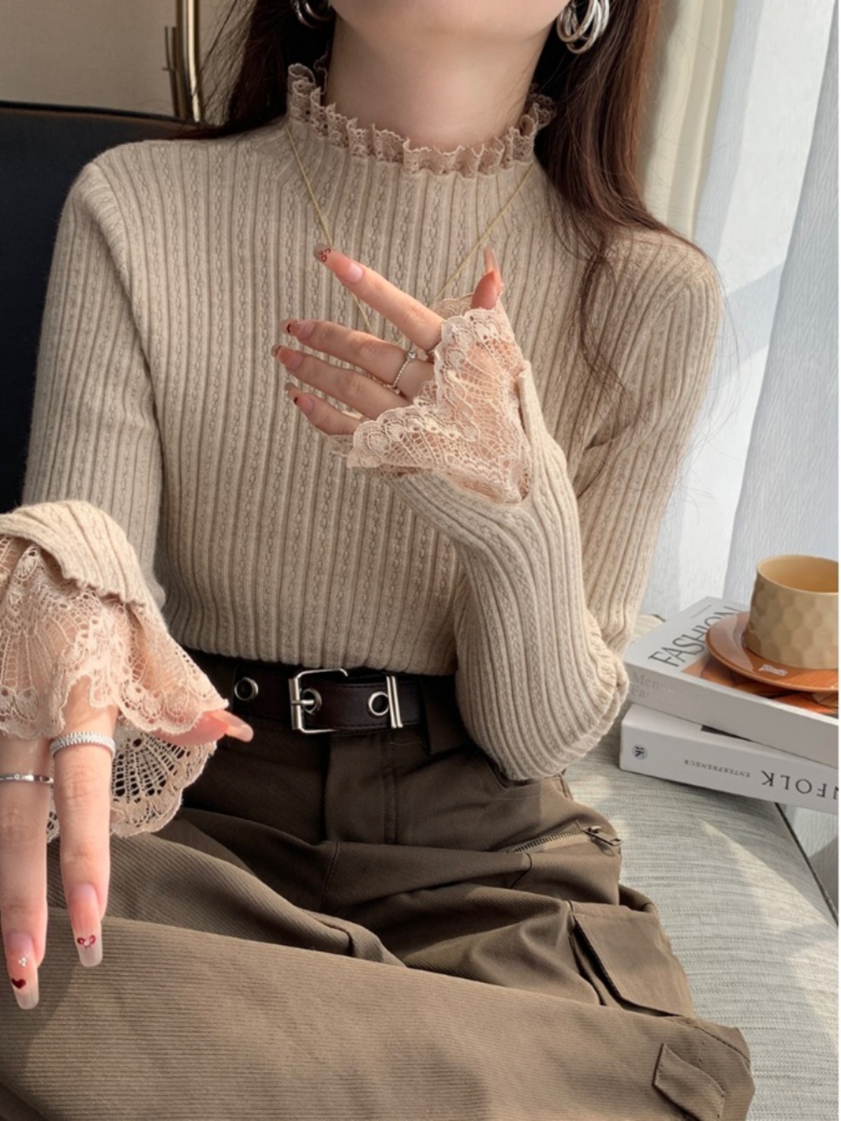 Women's Lace Knit Base Layer Top 2026 New Spring Autumn Winter White Half Turtleneck Sweater - Image 3