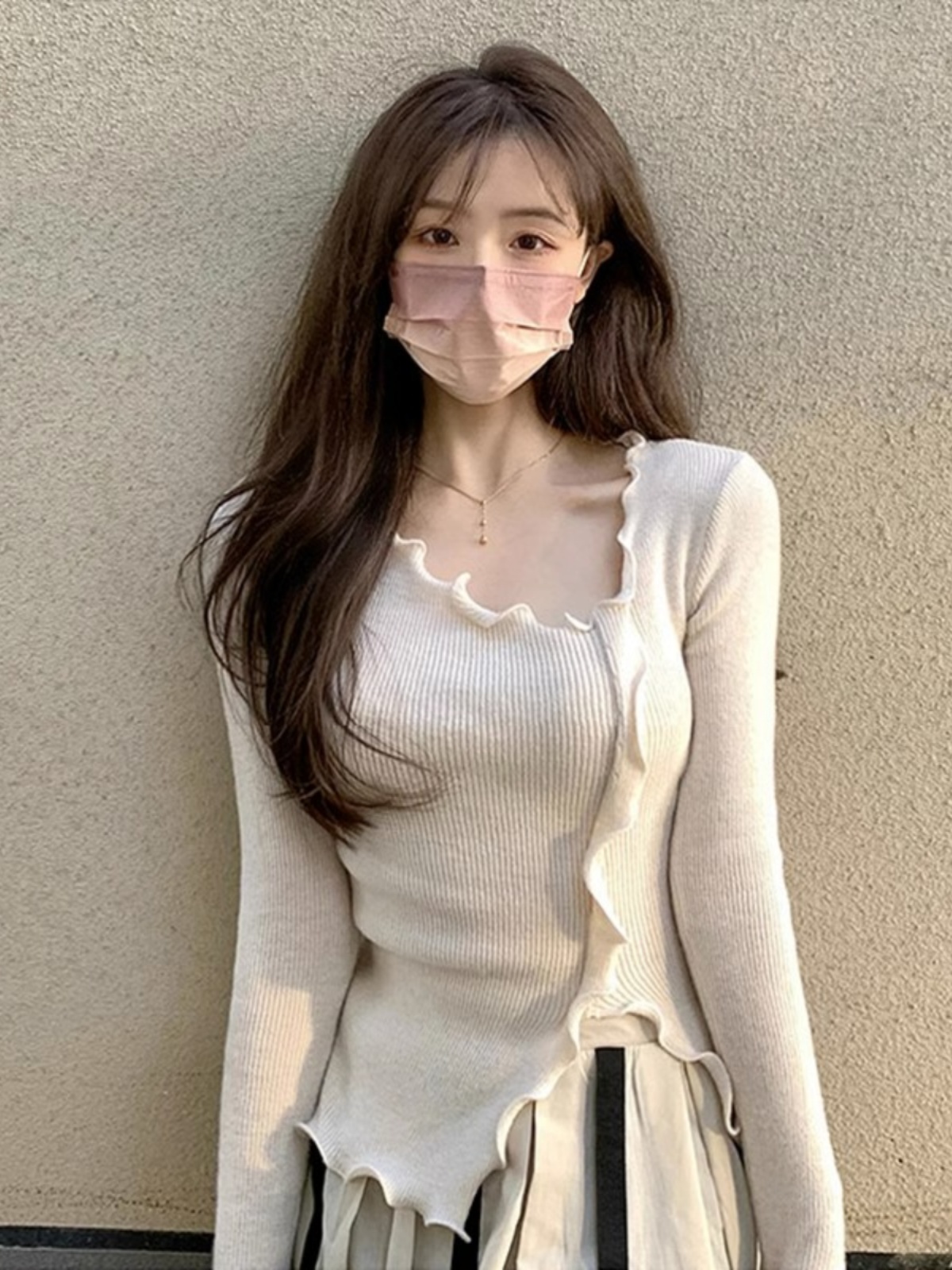 Women's Ruffled Trim Irregular Knit Top French Style Short Pullover Long Sleeve Base Layer