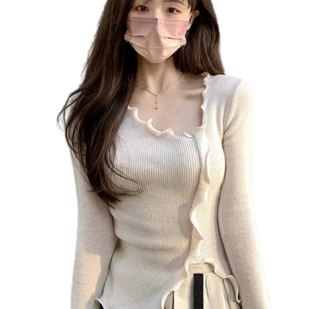 Women's Ruffled Trim Irregular Knit Top French Style Short Pullover Long Sleeve Base Layer - Image 5