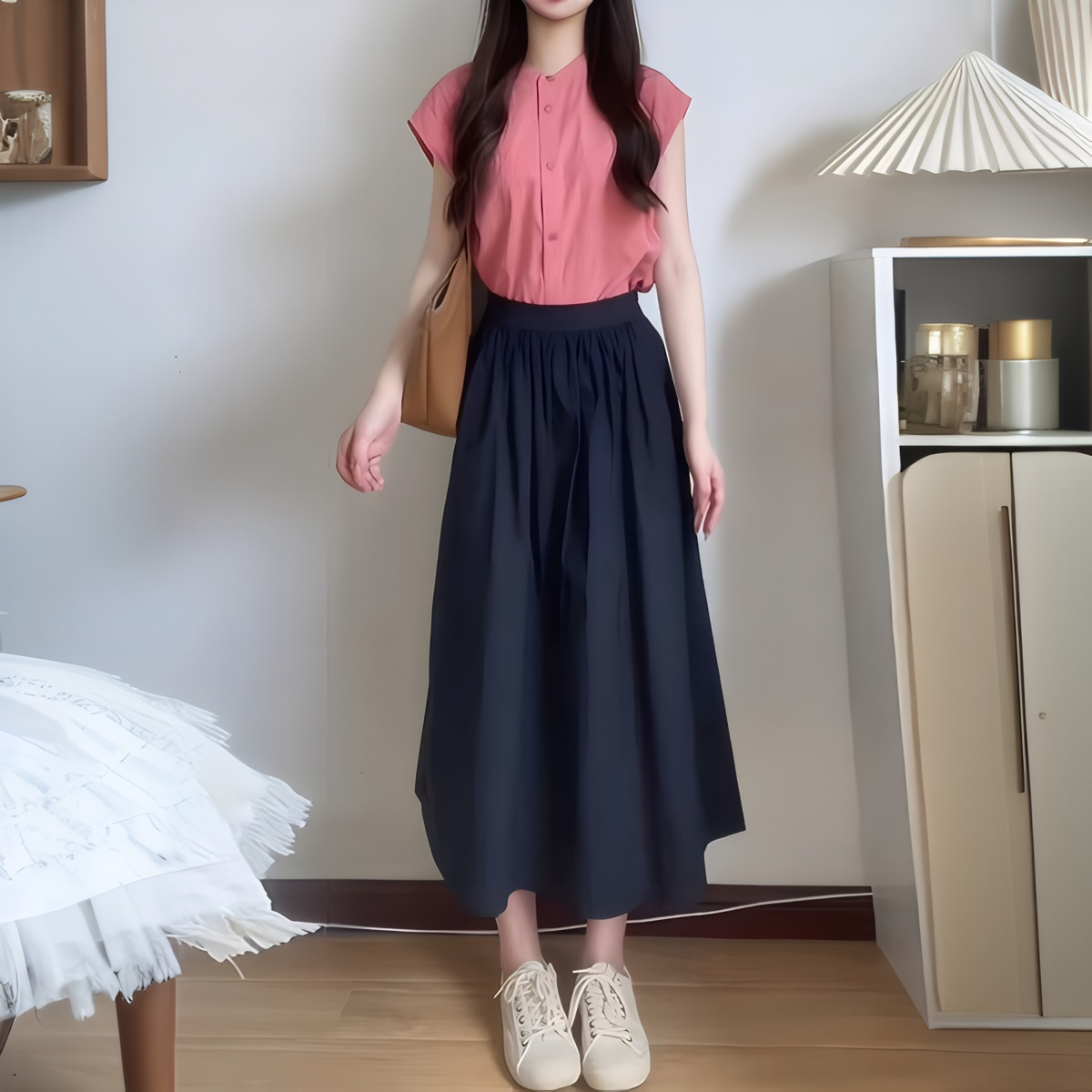 Women's Two-Piece Summer Set Pink Shirt and Blue Skirt - Image 3
