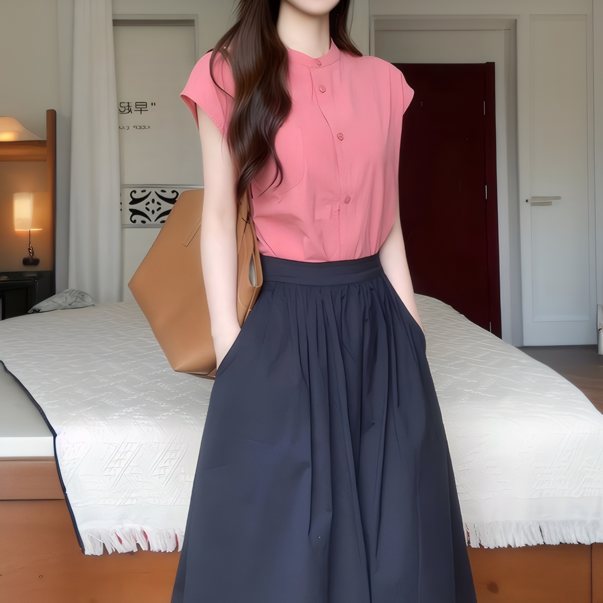 Women's Two-Piece Summer Set Pink Shirt and Blue Skirt