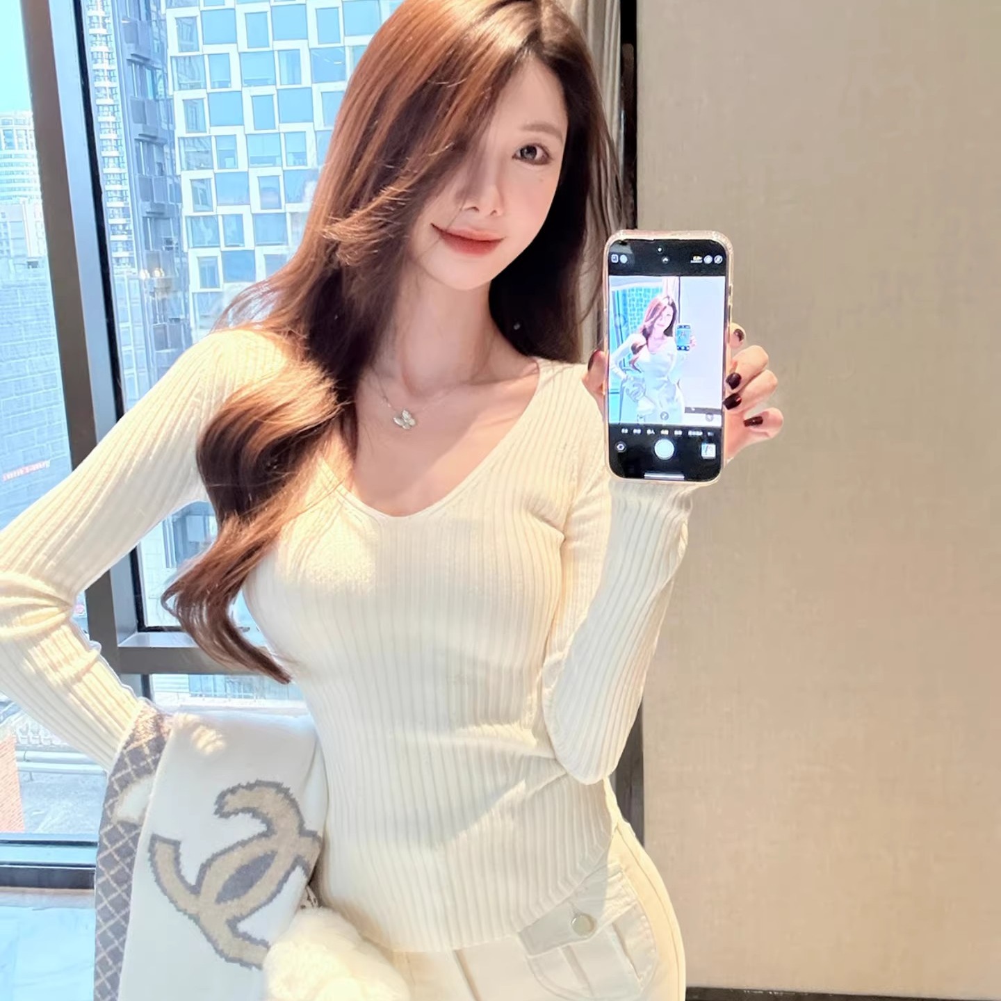 Purple V-Neck Long Sleeve Knit Top for Women Fall Slim Fit Base Layer - Image 5