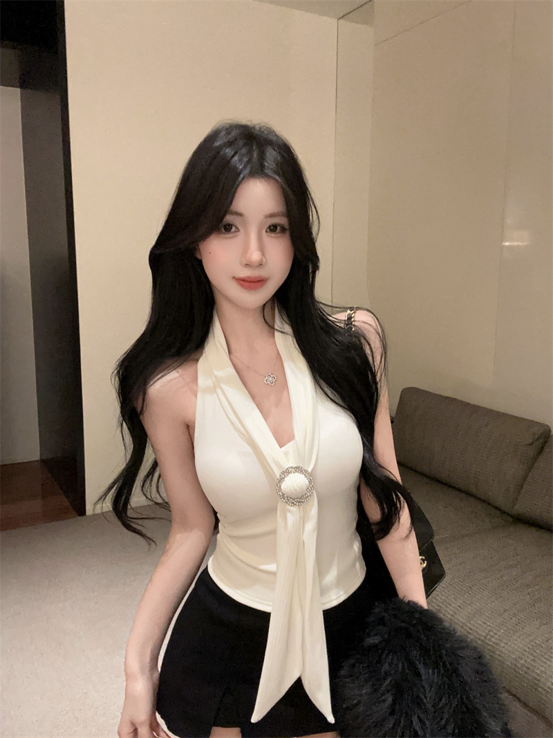 Women Sexy Halter Ribbon Cami Top Short Solid Versatile