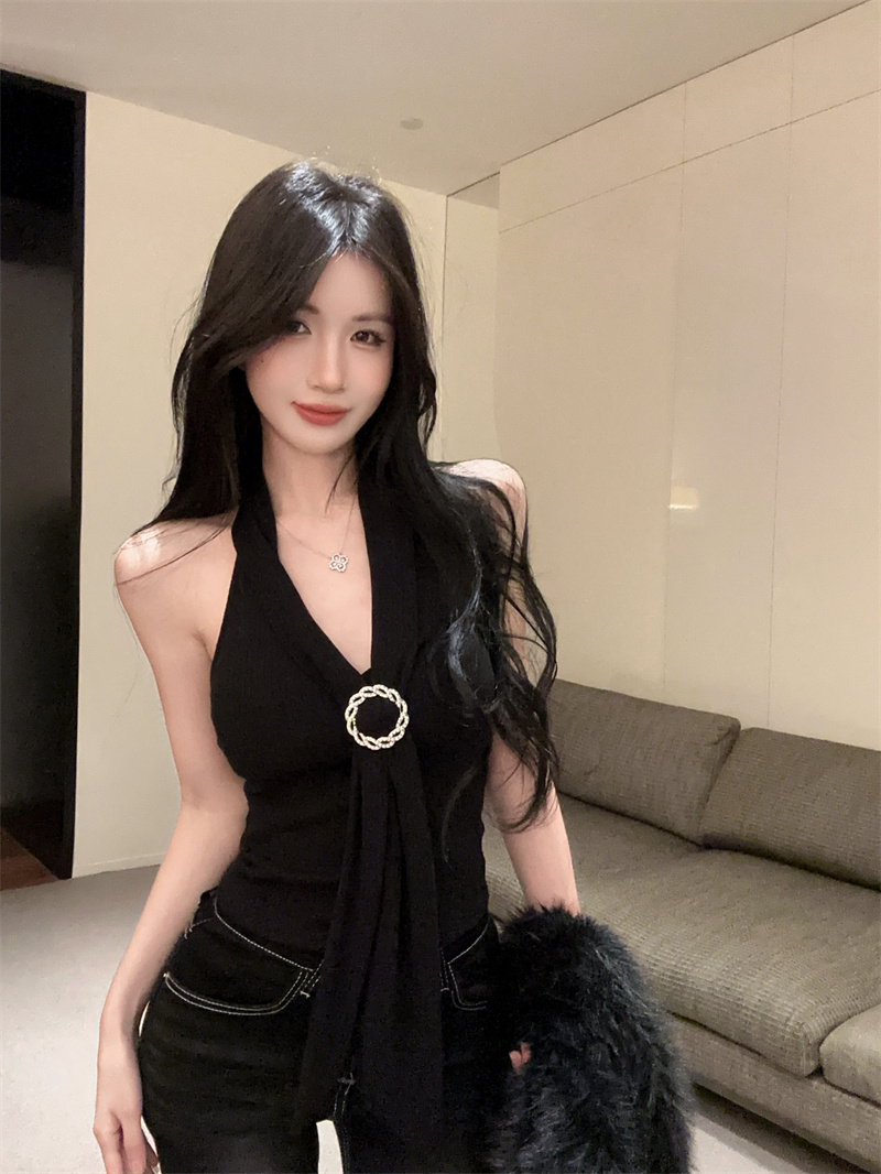 Women Sexy Halter Ribbon Cami Top Short Solid Versatile - Image 4