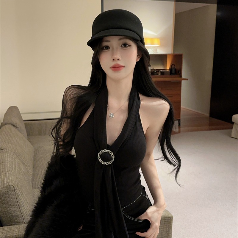 Women Sexy Halter Ribbon Cami Top Short Solid Versatile - Image 5