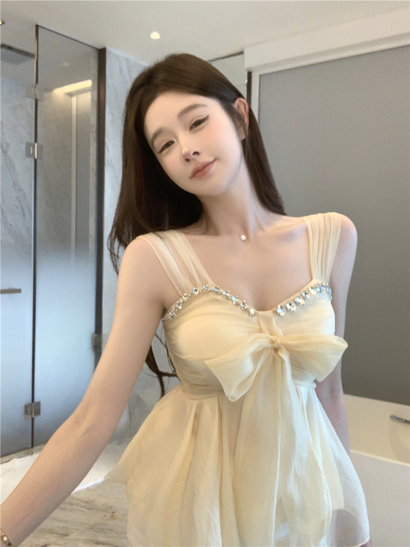 French Sweet Style Slim Fit Cami Top with Rhinestone Bow Mesh - Image 2