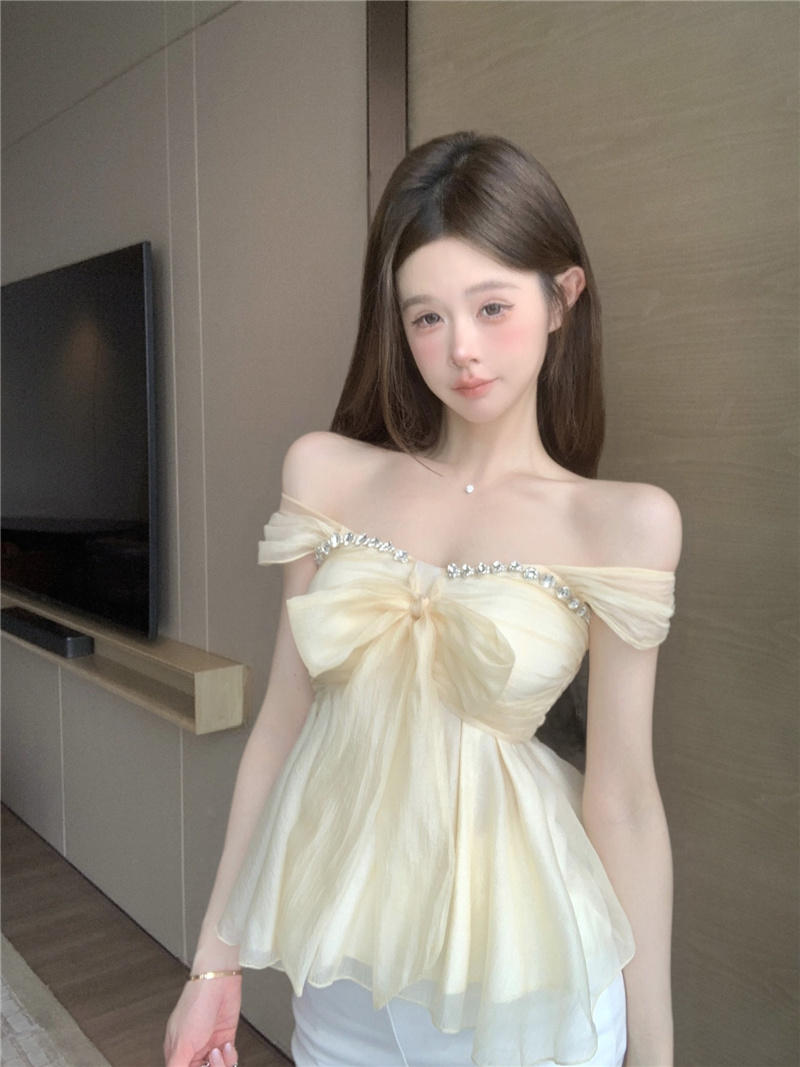 French Sweet Style Slim Fit Cami Top with Rhinestone Bow Mesh - Image 3