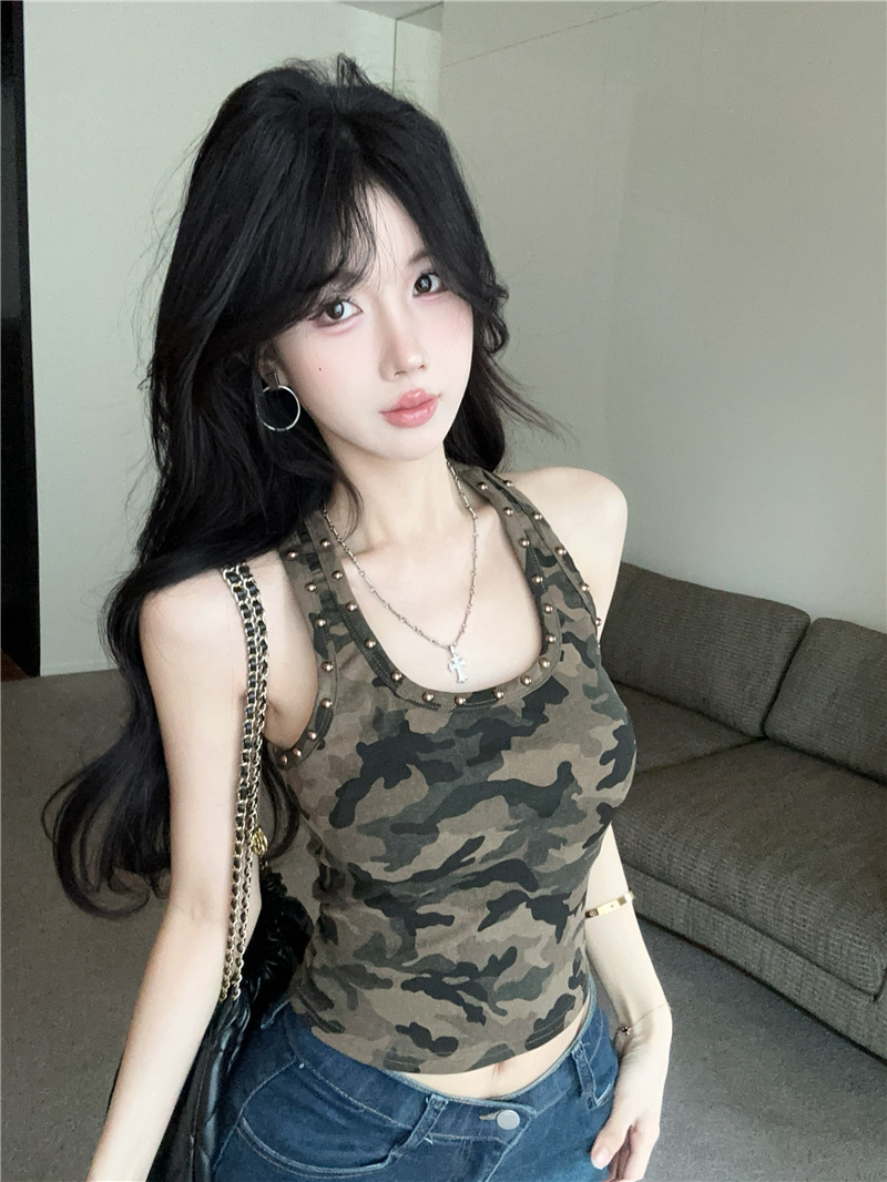 Metal Stud Camo Camisole Women 2026 Summer Slim Cropped Top