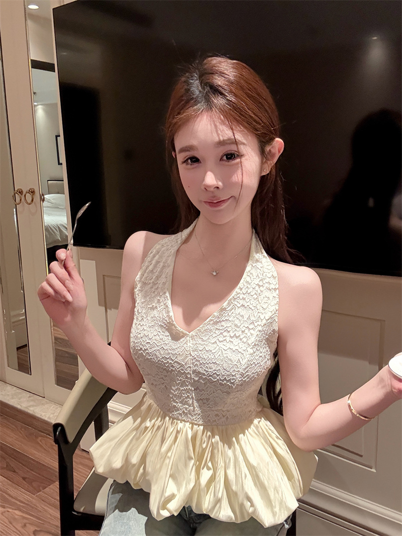 2026 Summer French Style Halter Cold Shoulder Lace-Up Tank Top Waist Cinched Women's Blouse - Image 2