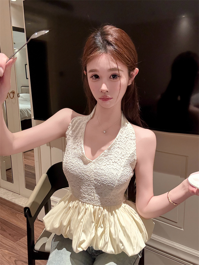 2026 Summer French Style Halter Cold Shoulder Lace-Up Tank Top Waist Cinched Women's Blouse
