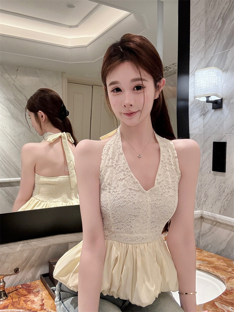 2026 Summer French Style Halter Cold Shoulder Lace-Up Tank Top Waist Cinched Women's Blouse - Image 3