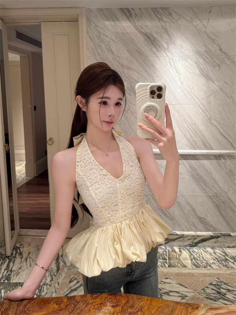 2026 Summer French Style Halter Cold Shoulder Lace-Up Tank Top Waist Cinched Women's Blouse - Image 4