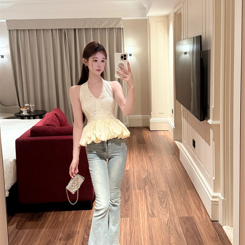 2026 Summer French Style Halter Cold Shoulder Lace-Up Tank Top Waist Cinched Women's Blouse - Image 5
