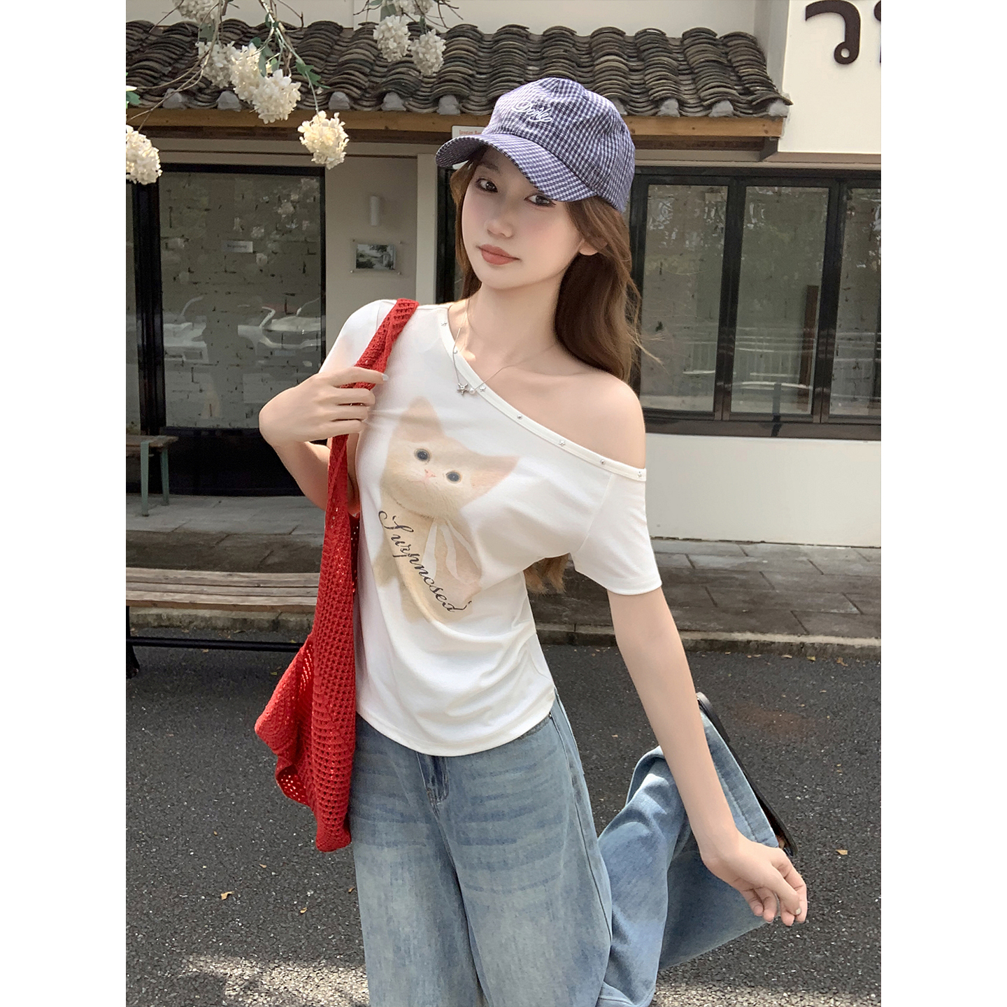 Korean Style Cartoon Print One-Shoulder T-Shirt Women Short Sleeve Summer 2026 Slim Fit Off-Shoulder Top