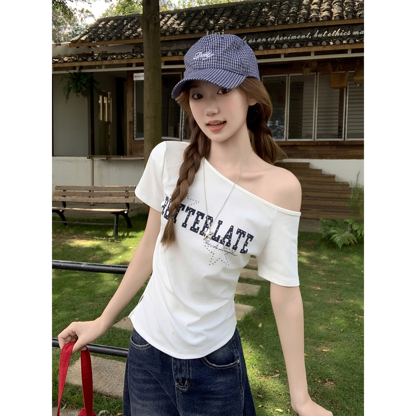 American Sweet Cool Style Rhinestone Short Sleeve T-Shirt Women Summer New Off-Shoulder Letter Print Waist-Slimming Top - Image 2