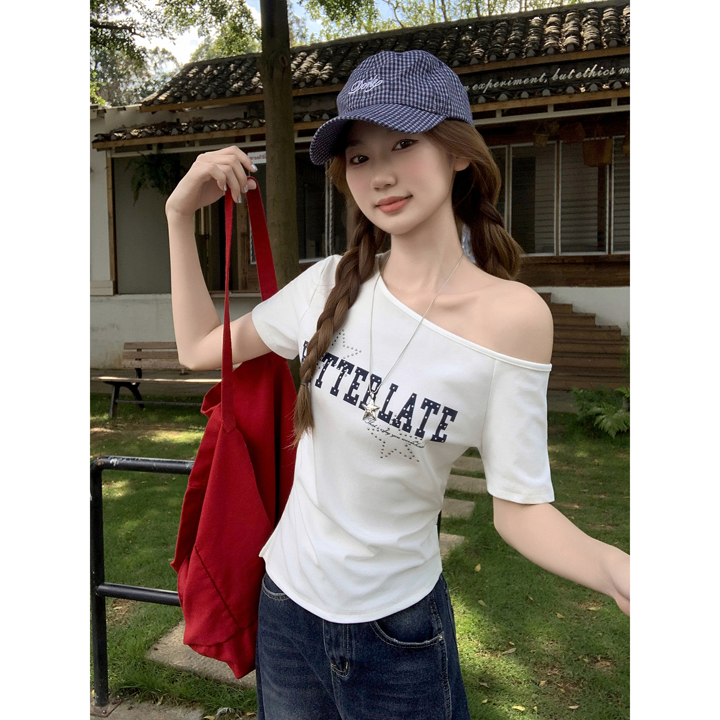 American Sweet Cool Style Rhinestone Short Sleeve T-Shirt Women Summer New Off-Shoulder Letter Print Waist-Slimming Top - Image 3