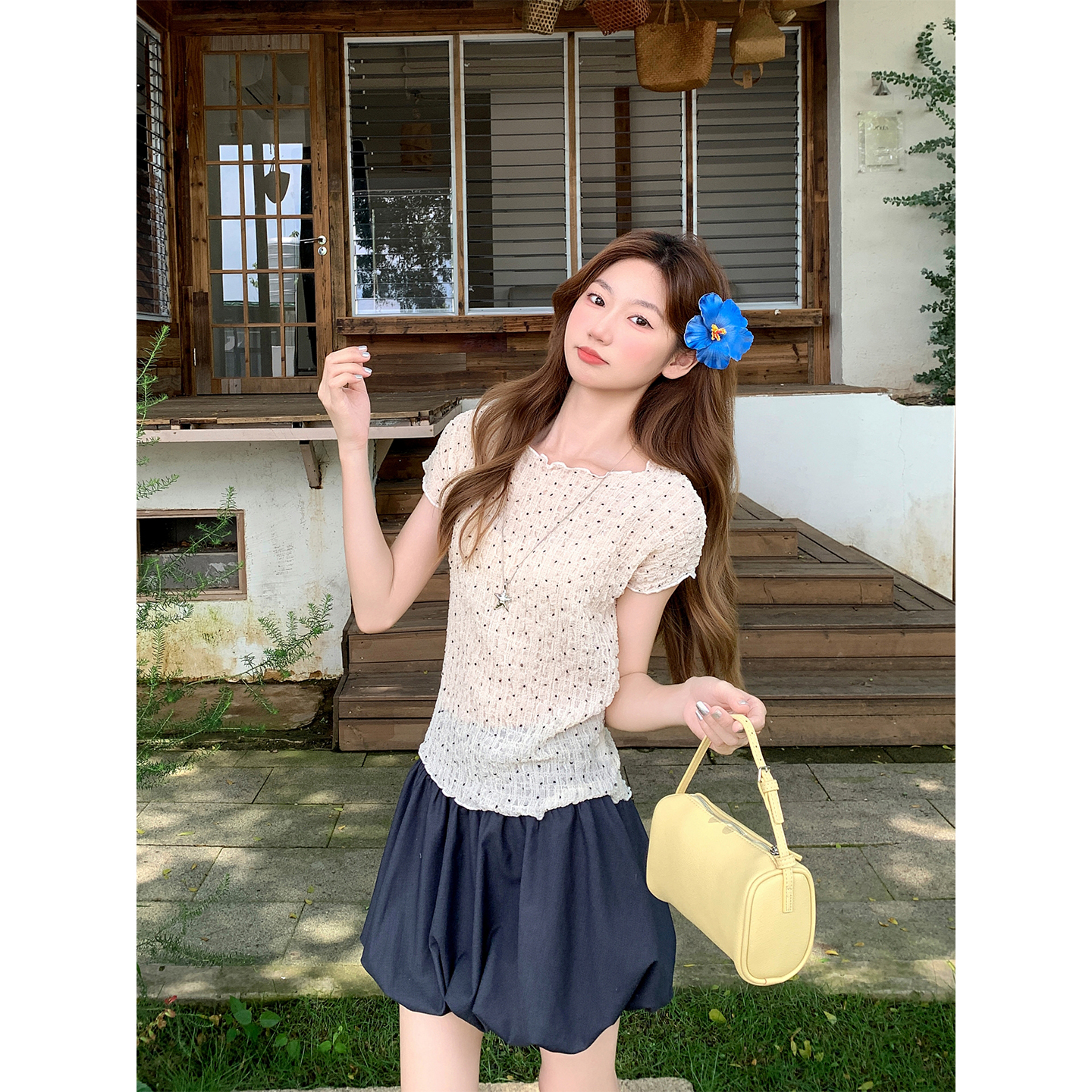 French Polka Dot Textured Short Sleeve T-Shirt for Women Summer New Korean Style Ruffle Trim Simple Commuter Top - Image 5