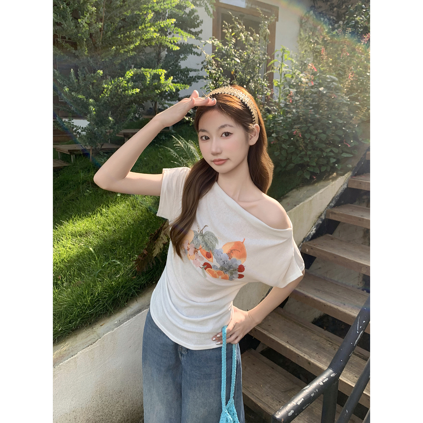 Women's Off-Shoulder Fruit Print Short Sleeve T-Shirt Summer Korean Ruched Slimming Top