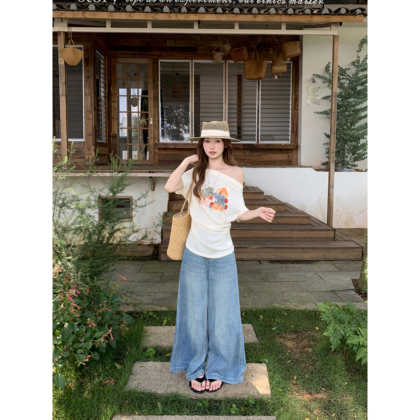 Women's Off-Shoulder Fruit Print Short Sleeve T-Shirt Summer Korean Ruched Slimming Top - Image 3