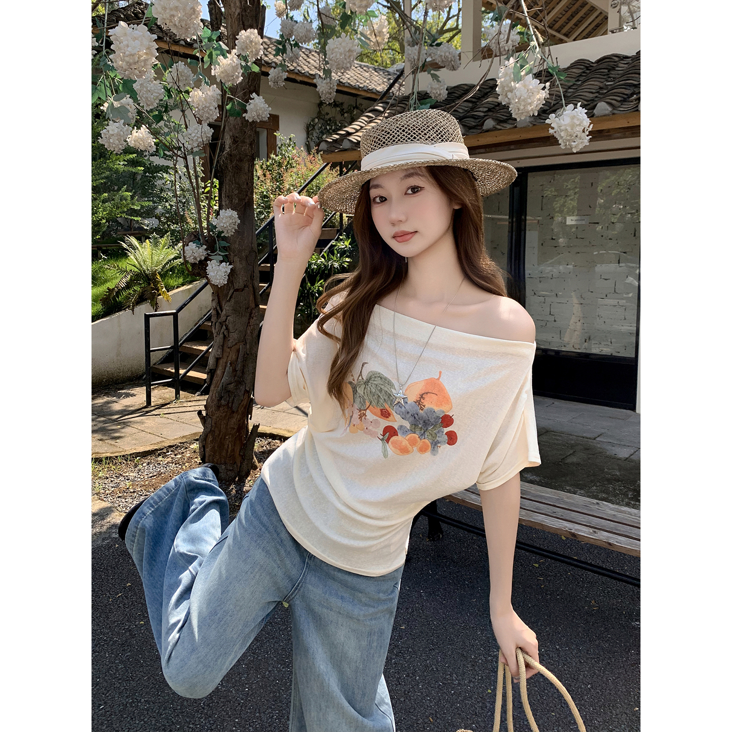 Women's Off-Shoulder Fruit Print Short Sleeve T-Shirt Summer Korean Ruched Slimming Top - Image 2