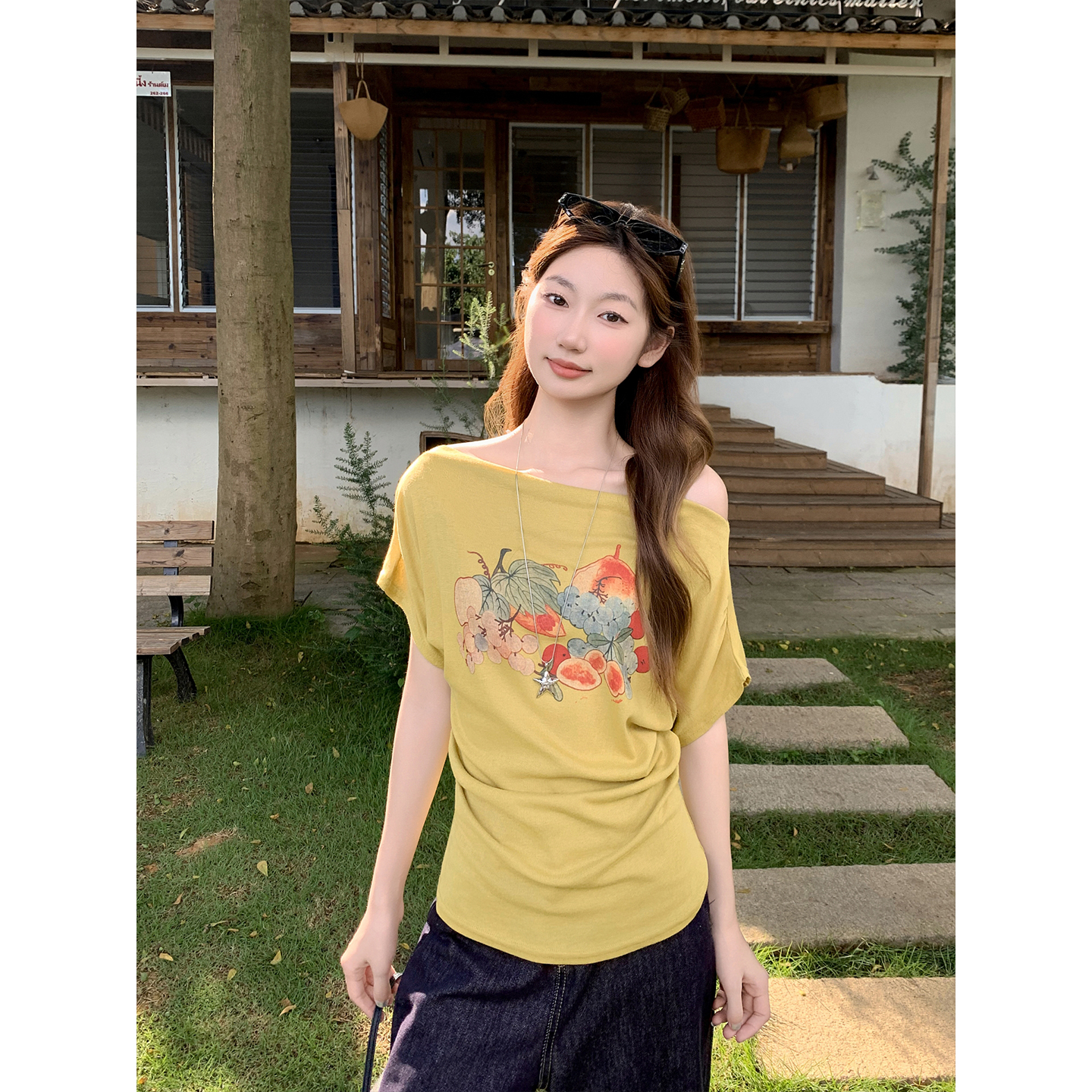 Women's Off-Shoulder Fruit Print Short Sleeve T-Shirt Summer Korean Ruched Slimming Top - Image 4