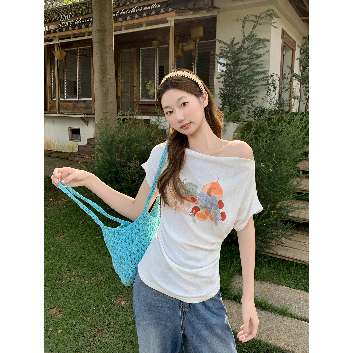 Women's Off-Shoulder Fruit Print Short Sleeve T-Shirt Summer Korean Ruched Slimming Top - Image 5