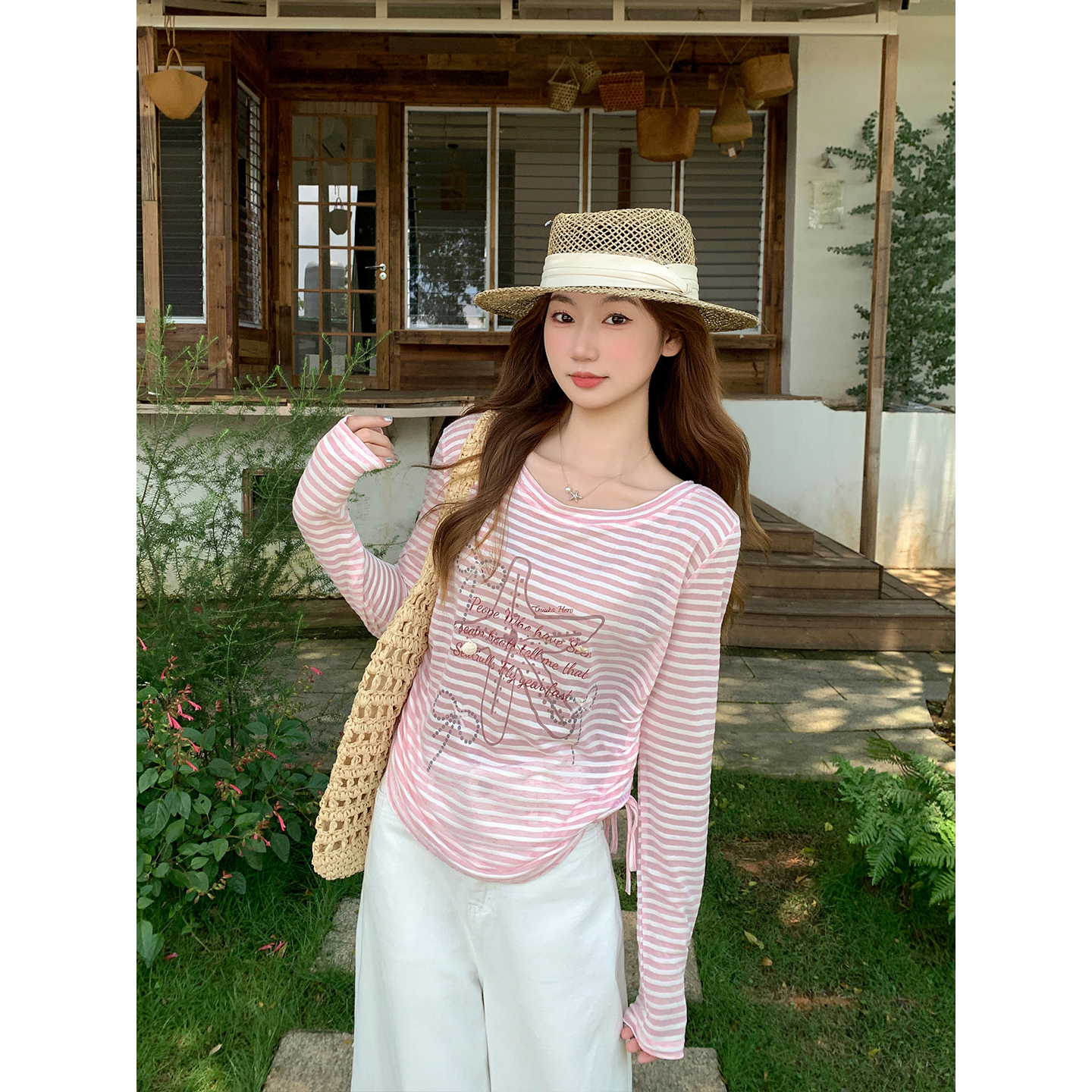Sweet and Spicy Striped Long Sleeve Sun Protection Top for Women Summer New Off Shoulder Side Drawstring Slimming Cover Up Shirt - Image 4