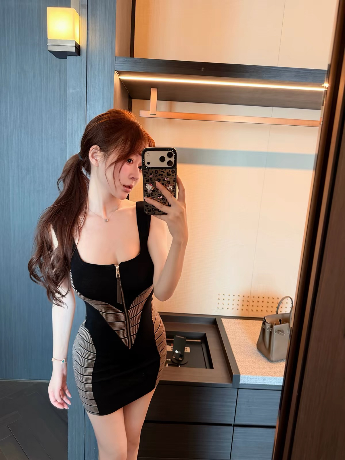 M900 Sweet Princess Zip Knit Cami Dress Women Summer Waist-Slimming Color-Block Stretch Bodycon Short Dress