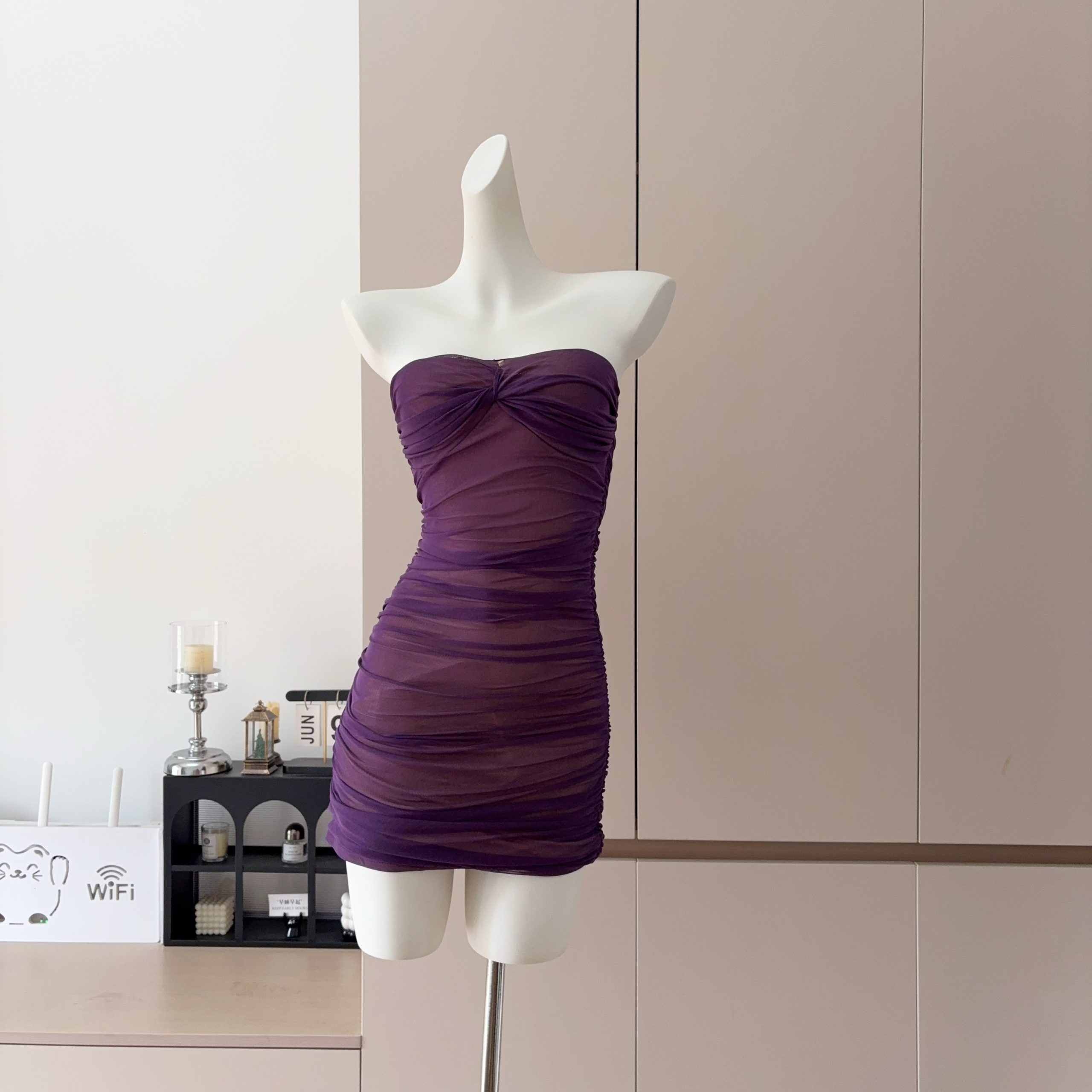 Purple Mesh Strapless Bodycon Mini Dress for Women Summer Ruched Slimming Party Dress