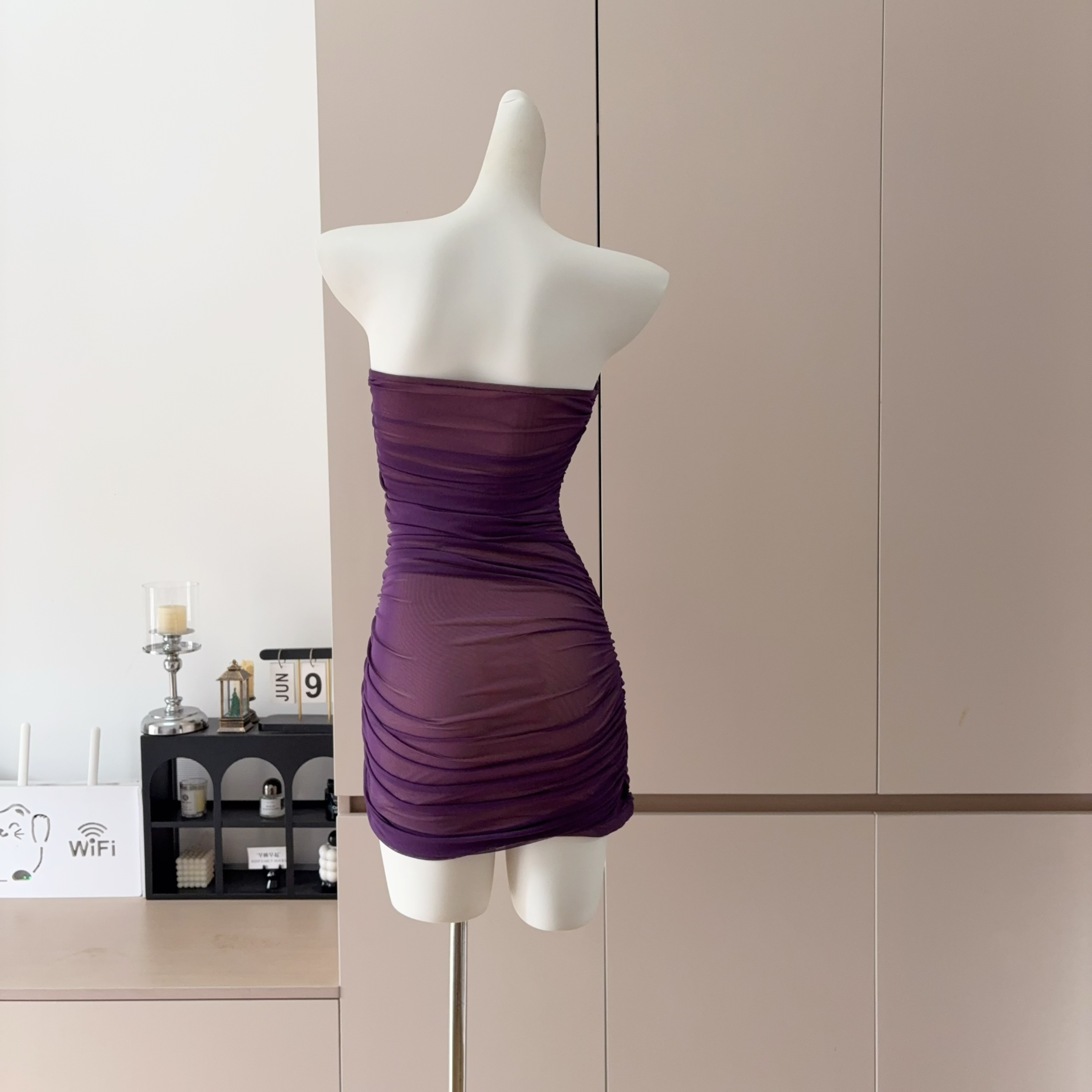 Purple Mesh Strapless Bodycon Mini Dress for Women Summer Ruched Slimming Party Dress - Image 4