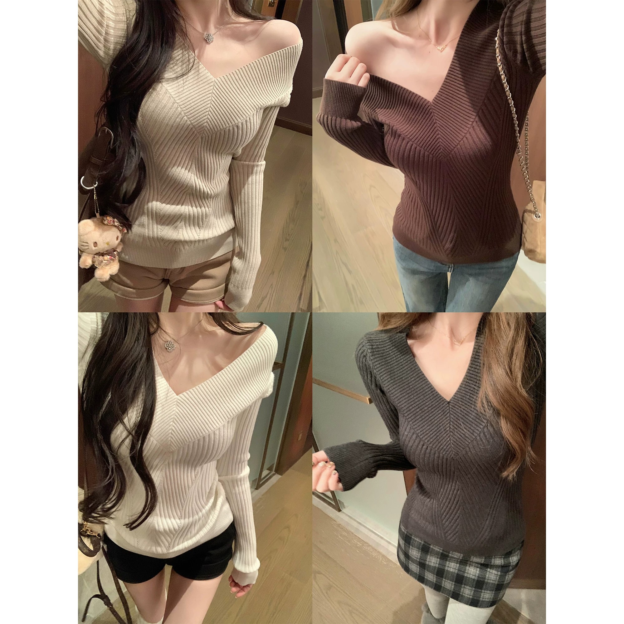 V-Neck Wide Trim Slim Fit Long Sleeve Knit Sweater Off-Shoulder Slimming Pullover - Image 5