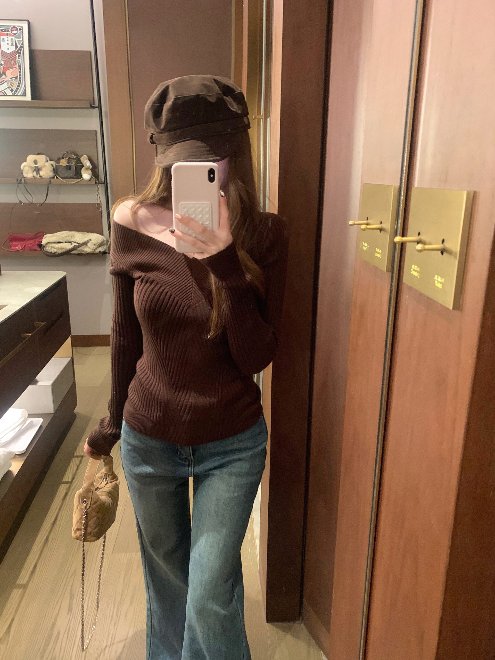 V-Neck Wide Trim Slim Fit Long Sleeve Knit Sweater Off-Shoulder Slimming Pullover - Image 4