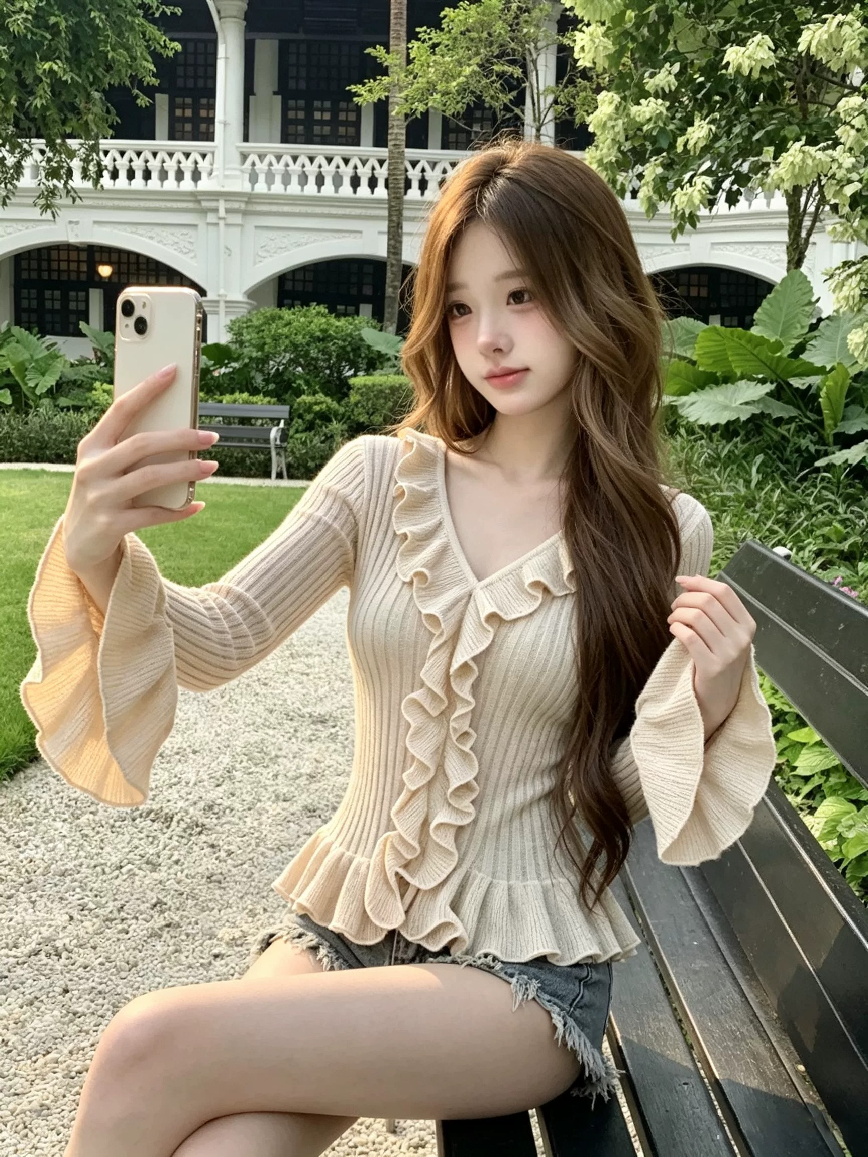 Women's French Style Ruffle V-Neck Knit Sweater - Slim Fit Flare Sleeve Pullover