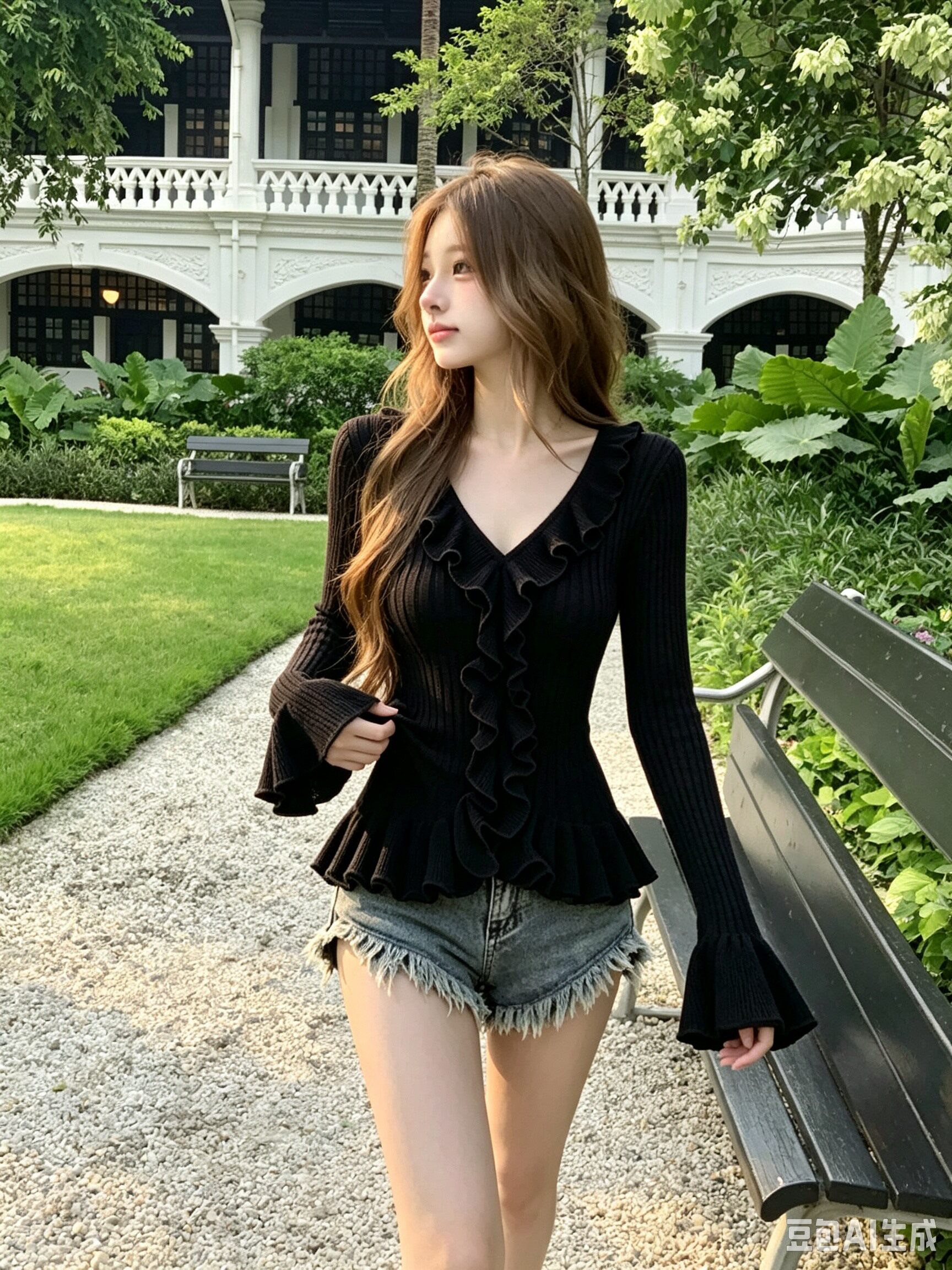 Women's French Style Ruffle V-Neck Knit Sweater - Slim Fit Flare Sleeve Pullover - Image 3