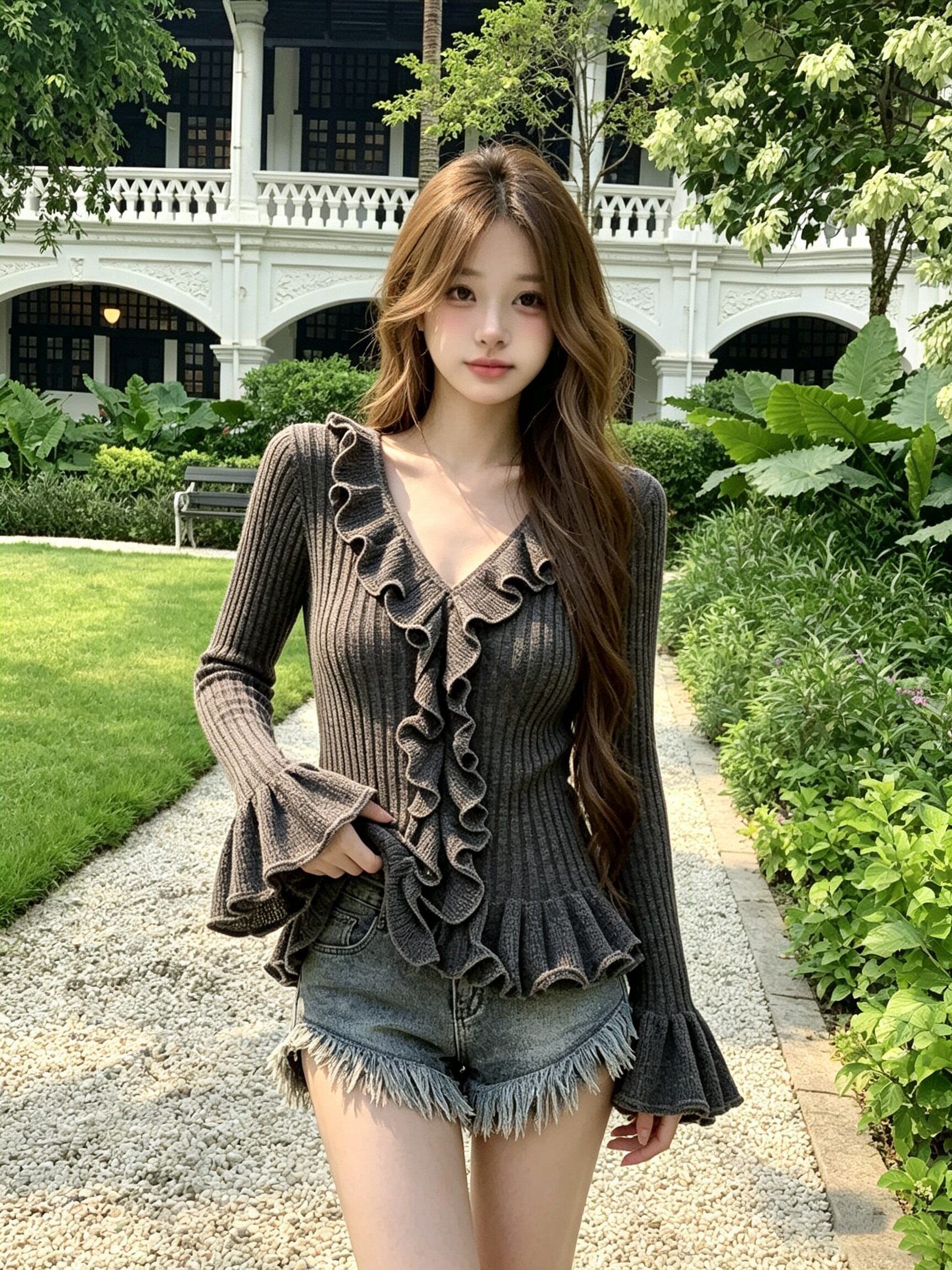 Women's French Style Ruffle V-Neck Knit Sweater - Slim Fit Flare Sleeve Pullover - Image 2
